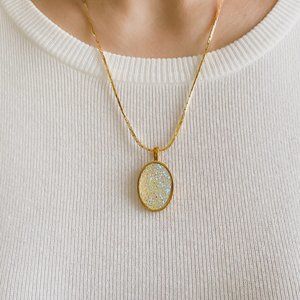 Faux Druzy Geode Gemstone Iridescent White Oval Pendant Gold Chain Necklace